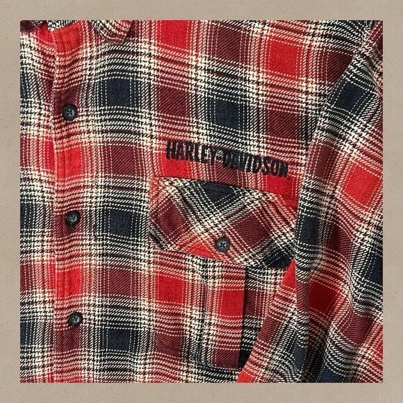 Harley Davidson Men's 3XL Plaid Flannel Button Up Shirt Spell Out Red Gray Black - Picture 6 of 8